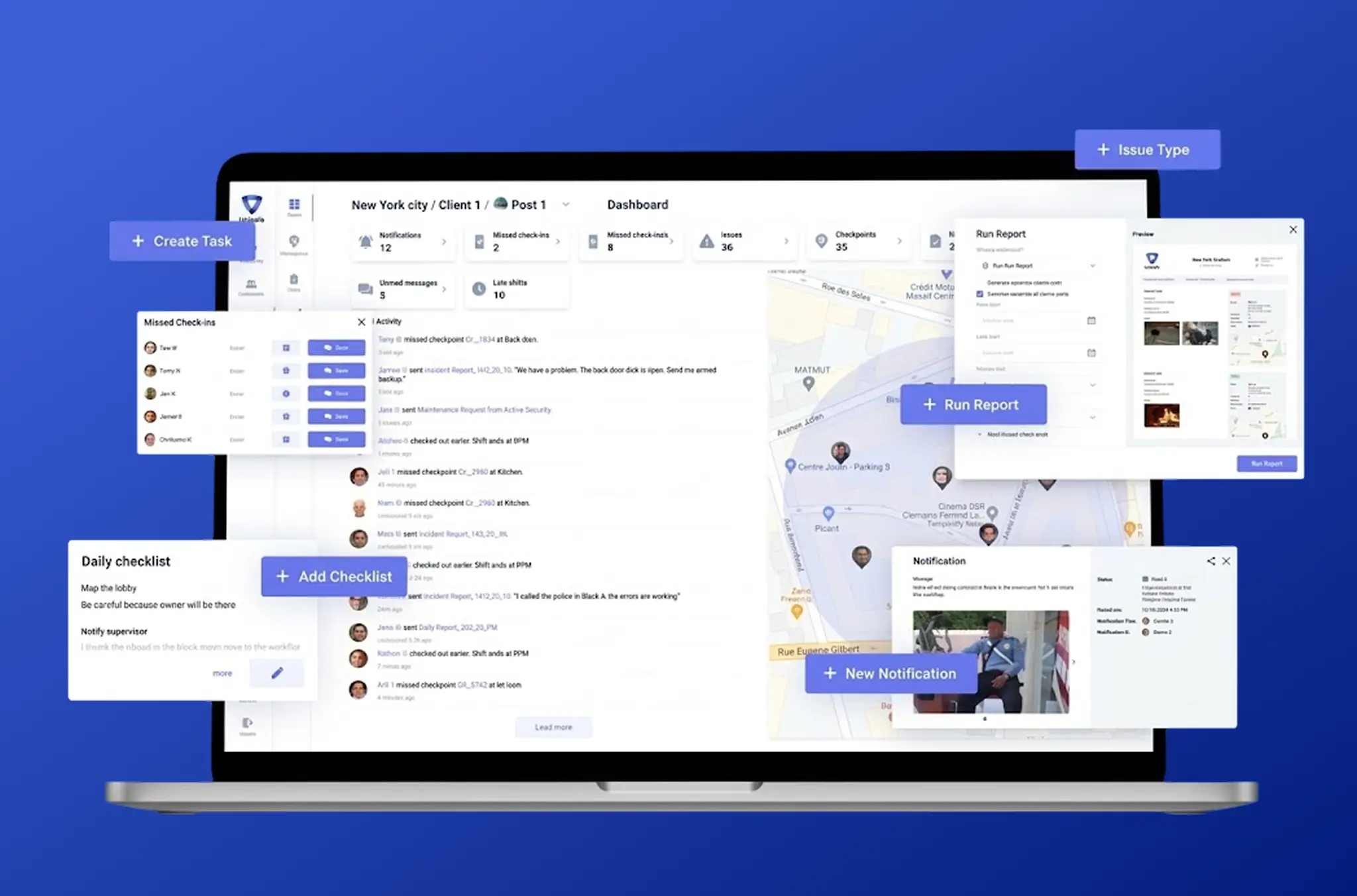 Laptop on a blue background with a security operations dashboard, missed check-ins, an activity feed, a site map and panels for tasks, reports, checklists and notifications