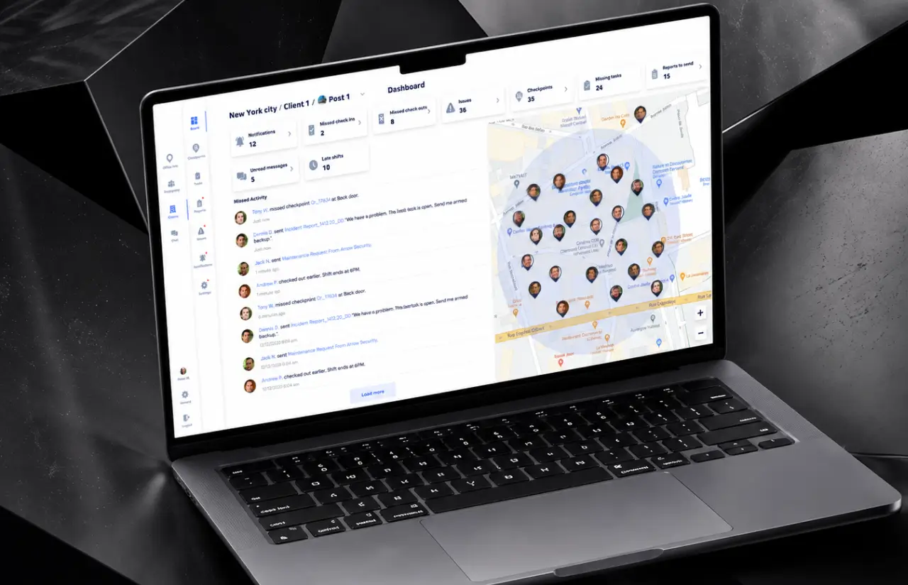 Laptop showing a supervisor dashboard with notification counters, missed check-ins, an activity feed and a map with every guard on shift