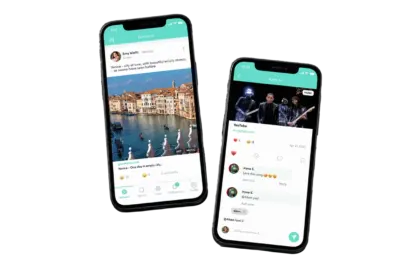 Two phones showing a teal-headed network feed with a link post and an open post with emoji reactions and a comment thread