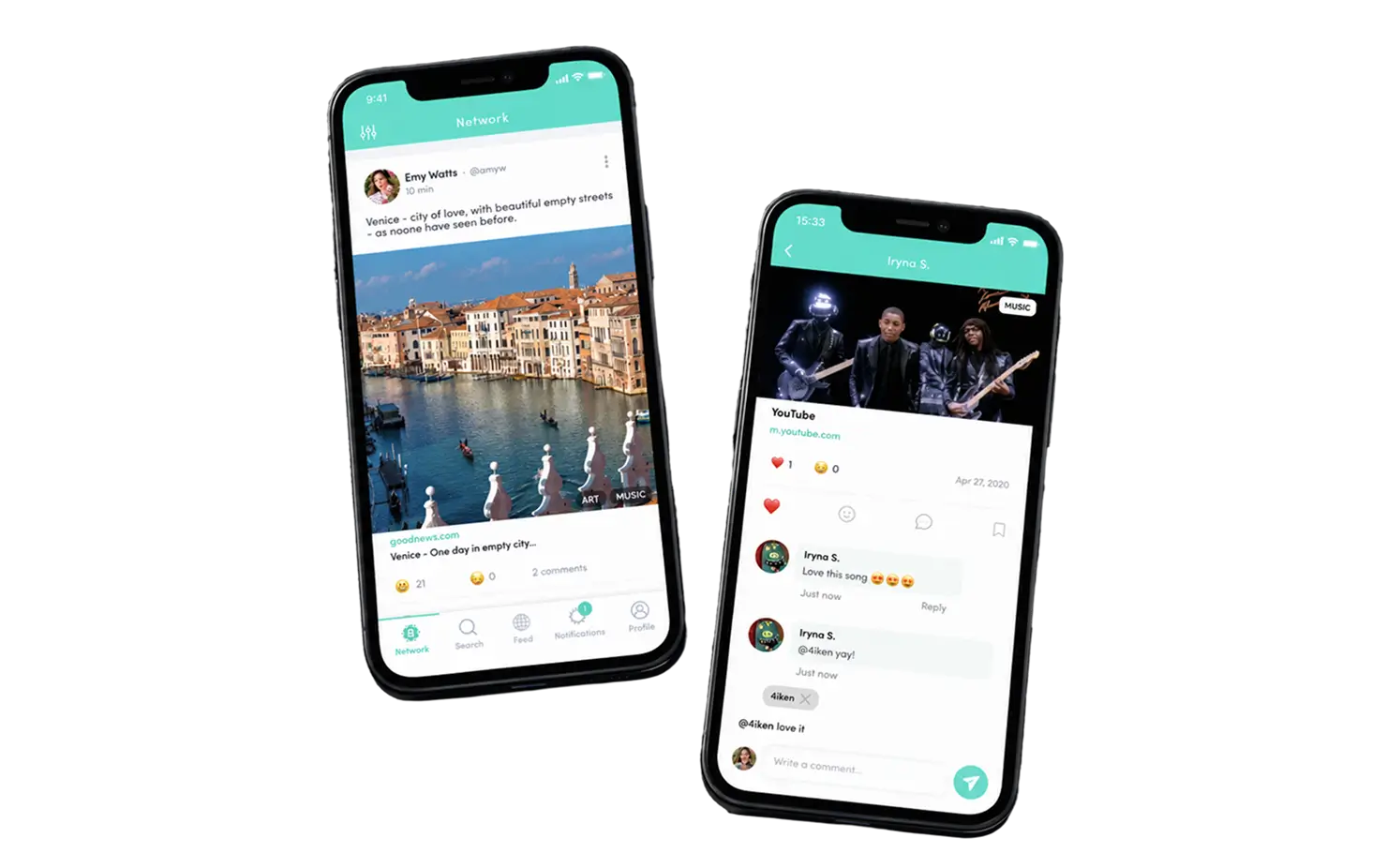 Two phones showing a teal-headed network feed with a link post and an open post with emoji reactions and a comment thread