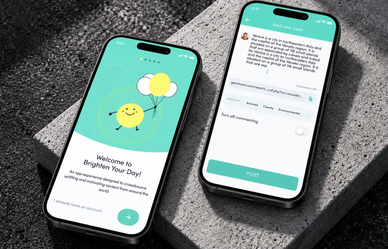 Illustrated welcome screen with a smiling mascot next to a post composer with a link field, category chips and a comment toggle