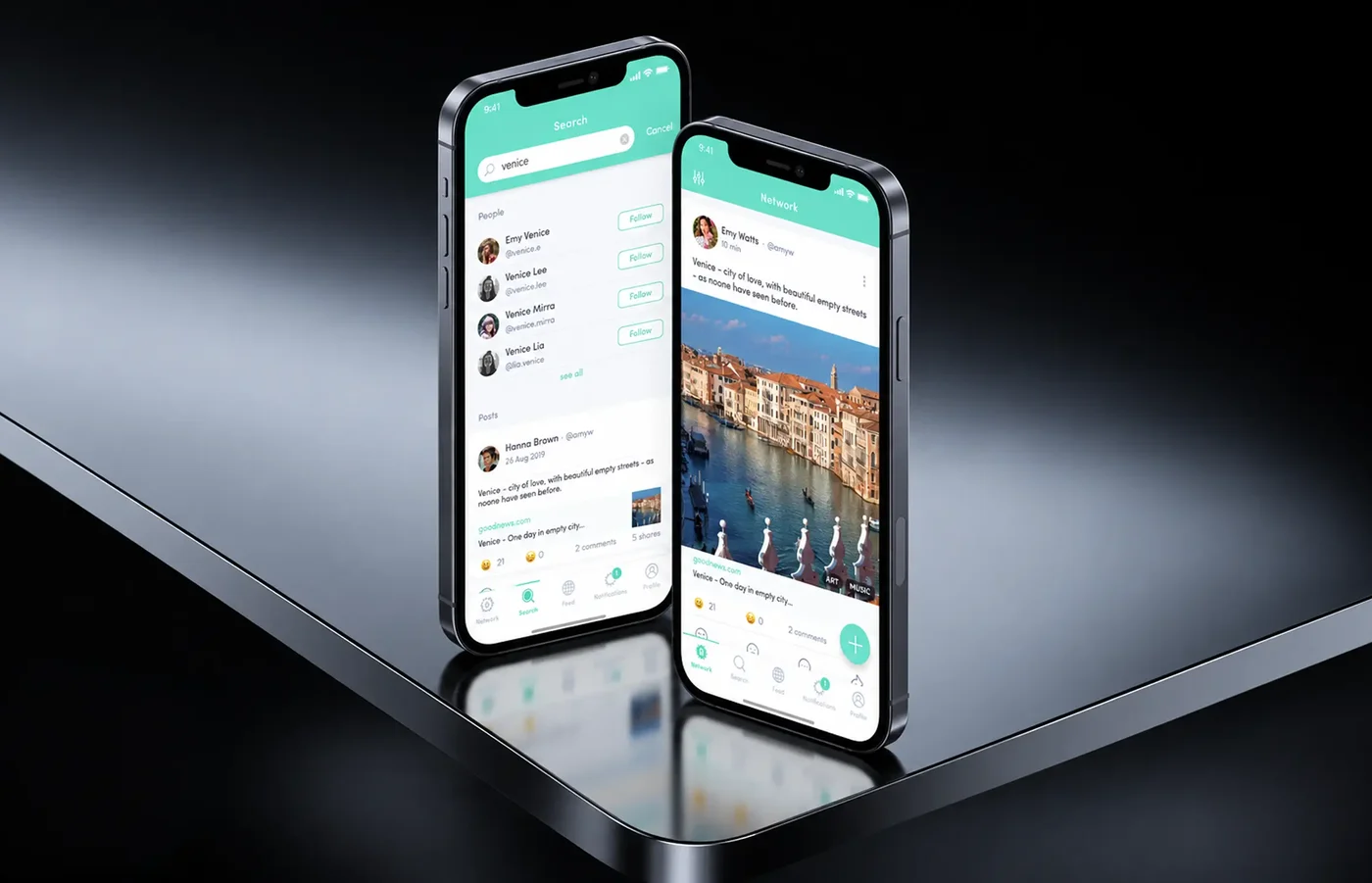 Two phones showing a social network app: people and post search results and a network feed with a photo post