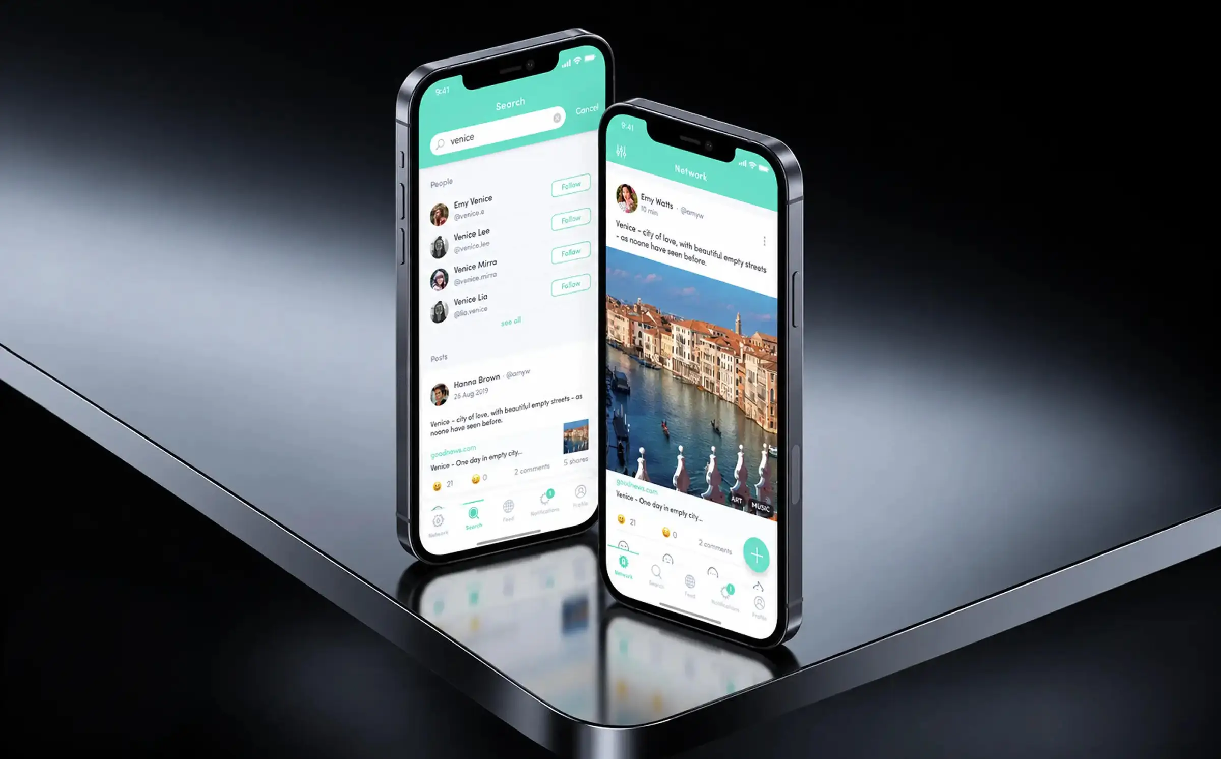 Search results split into people to follow and matching posts, next to the network feed