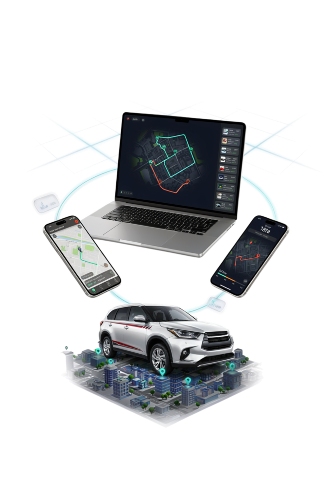 Automotive fleet software across devices: a laptop showing a city route map with a vehicle list, two phones with vehicle tracking and route screens, and a white SUV above a stylized city block.