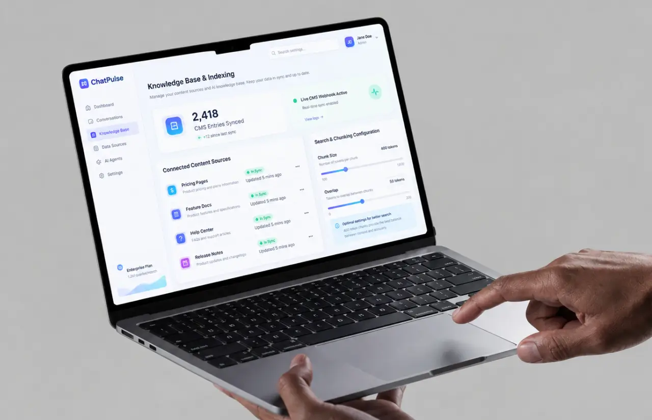 Indexing screen showing 2,418 CMS entries synced from pricing, docs, help center and release notes with chunk size controls