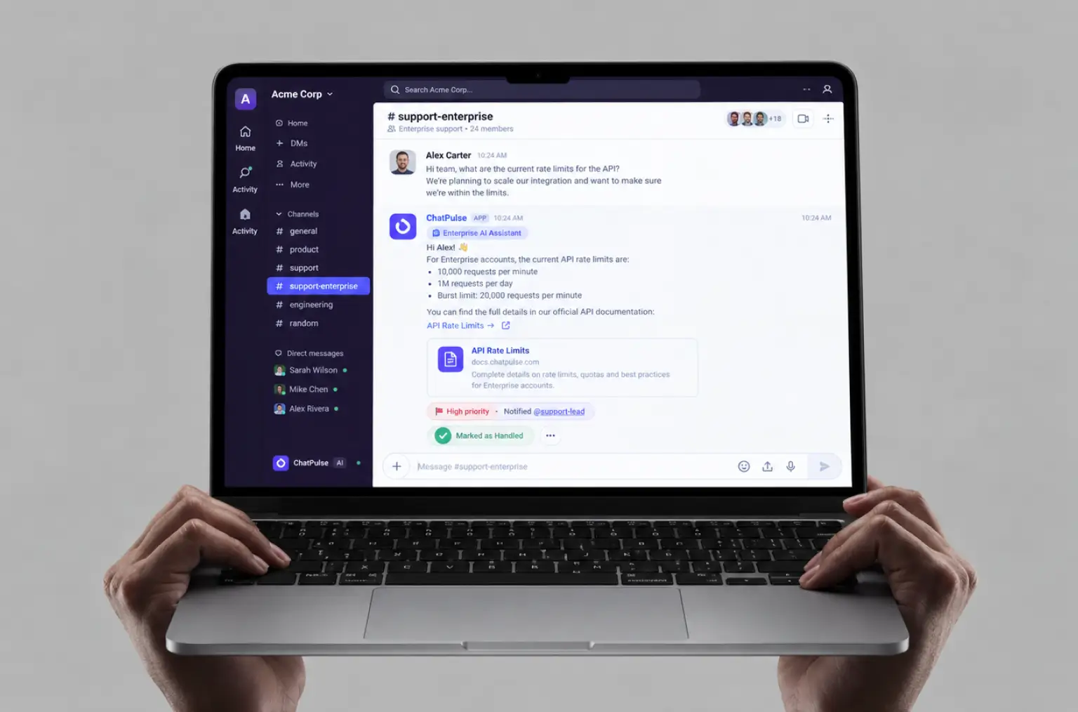 Support bot replying inside a Slack channel thread with API rate limits and marking the message as handled