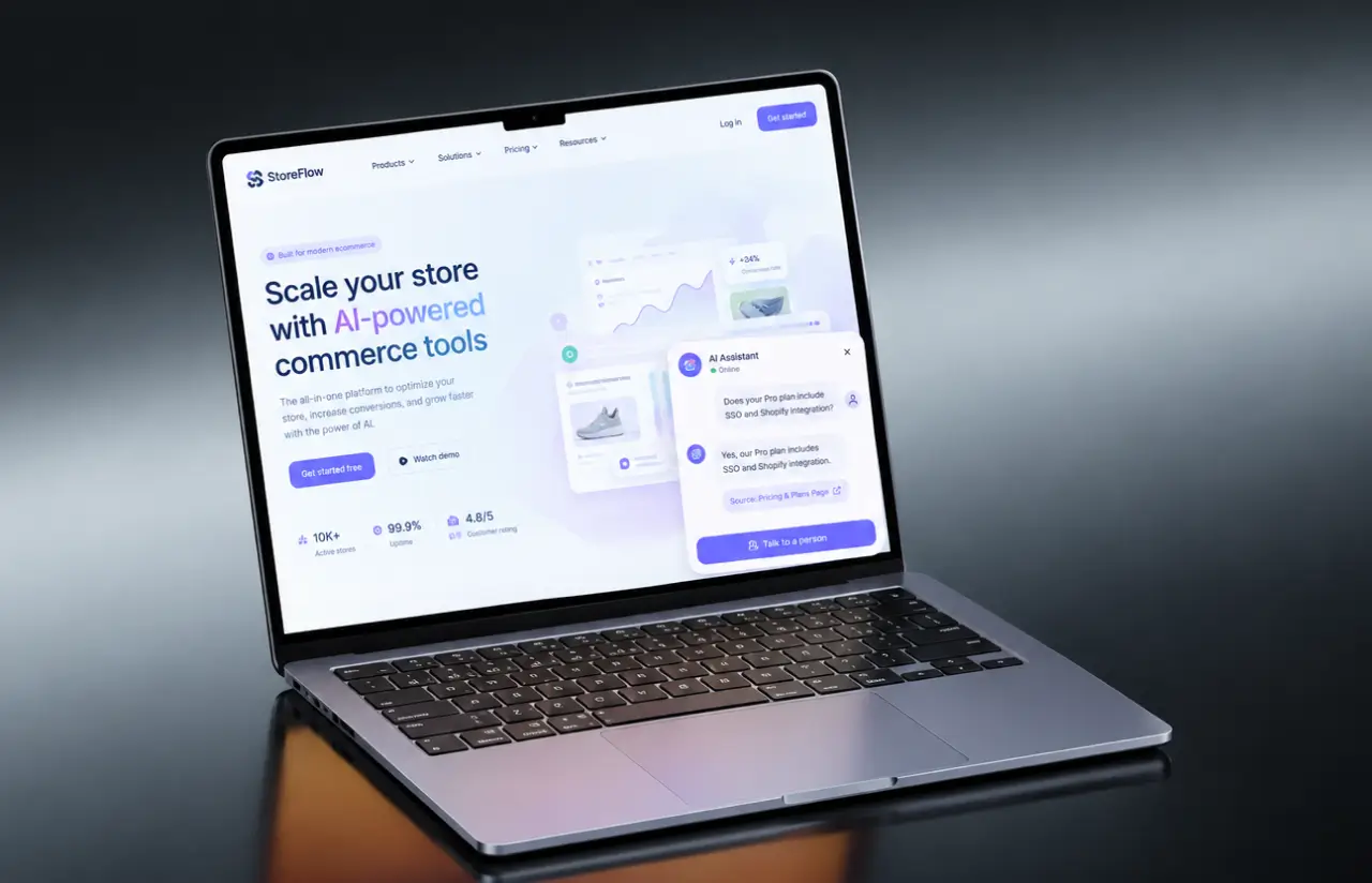 Chat widget open on a SaaS landing page, answering a plan question with a source link and a talk-to-a-person button
