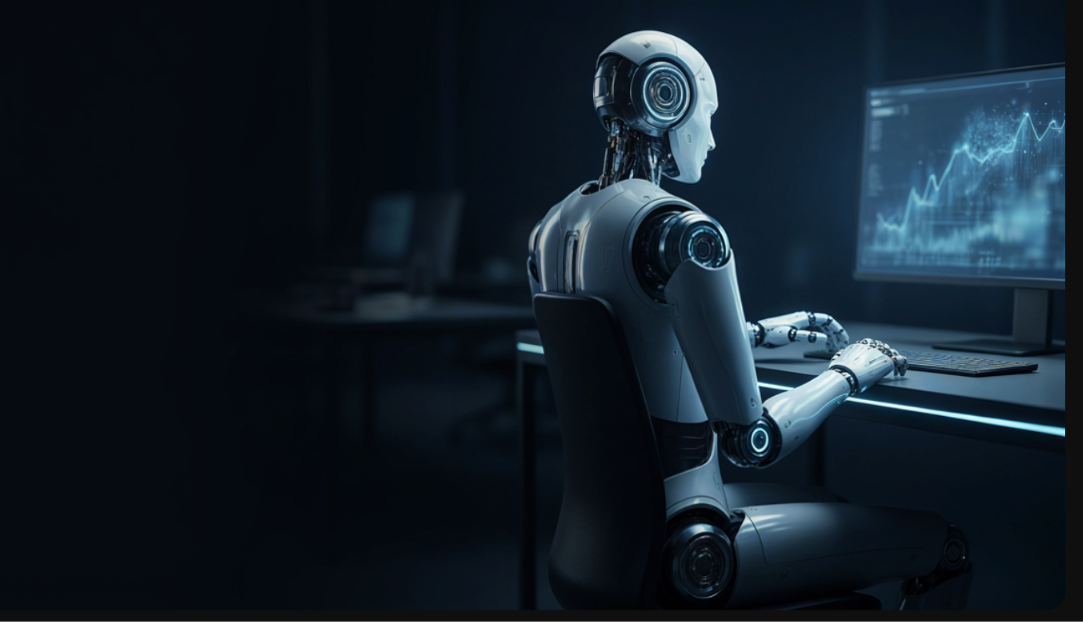 AI robot analyzing business data at a workstation, illustrating AI adoption statistics for 2026