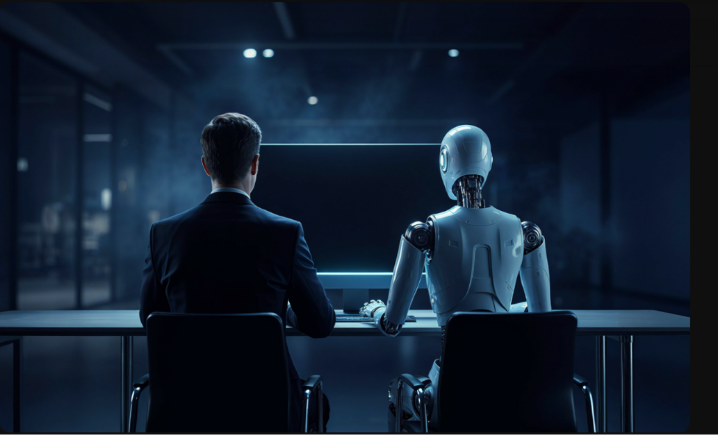 A business leader and an AI robot working side by side at a desk