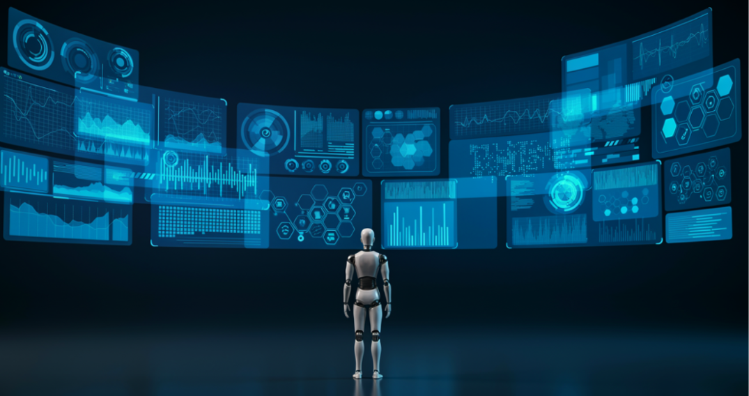 An AI robot facing a wall of data dashboards, representing AI adoption across industries