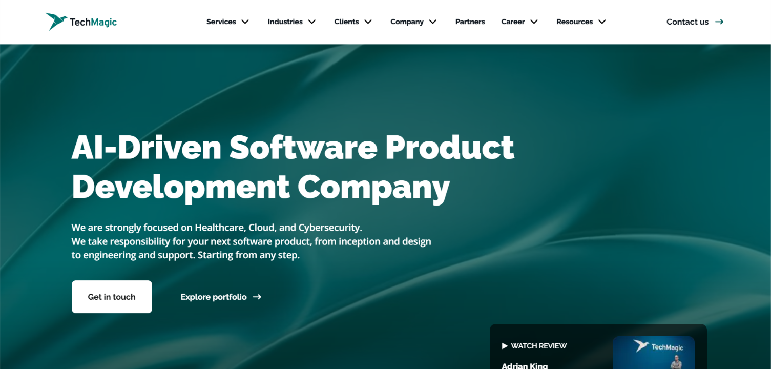 TechMagic homepage hero: an AI-driven software product development company focused on healthcare, cloud and cybersecurity.