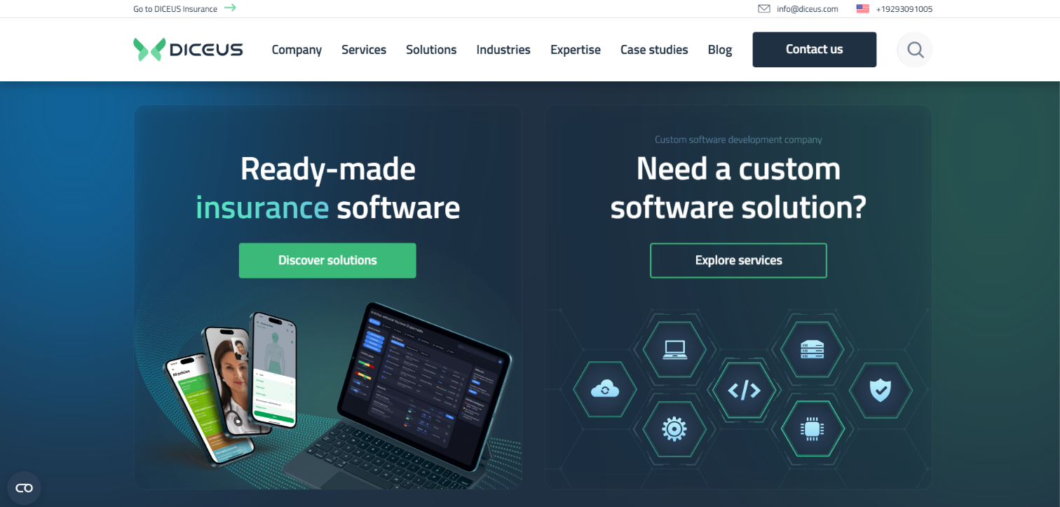 DICEUS homepage with two panels, ready-made insurance software and custom software solutions, shown with app screens and technology icons.