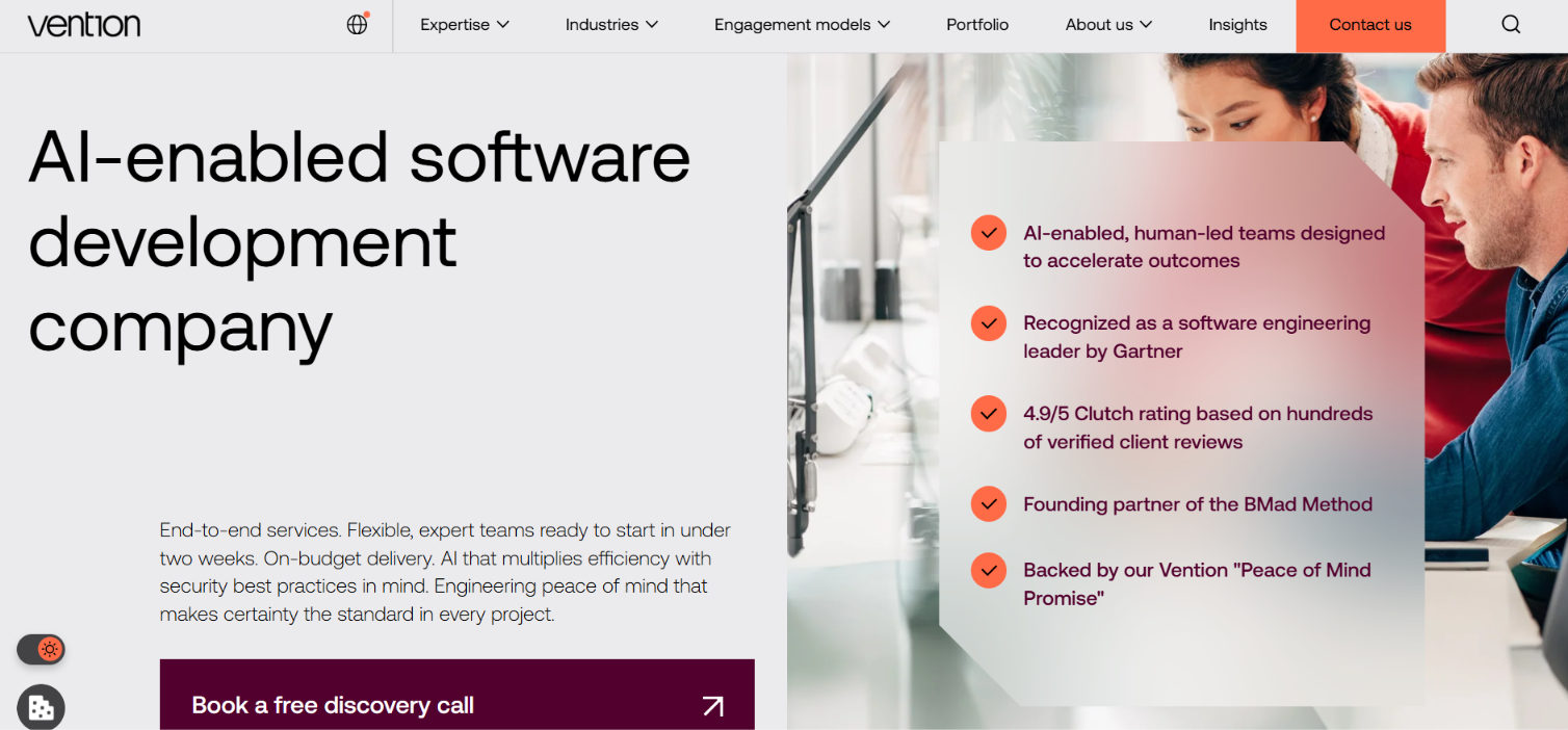 Vention homepage hero for AI-enabled software development, listing Gartner recognition, a 4.9/5 Clutch rating and teams ready in under two weeks.