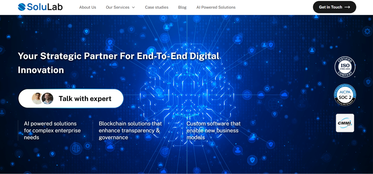 SoluLab homepage hero positioning the firm as a strategic partner for end-to-end digital innovation, with ISO 27001, SOC 2 and CMMI badges.
