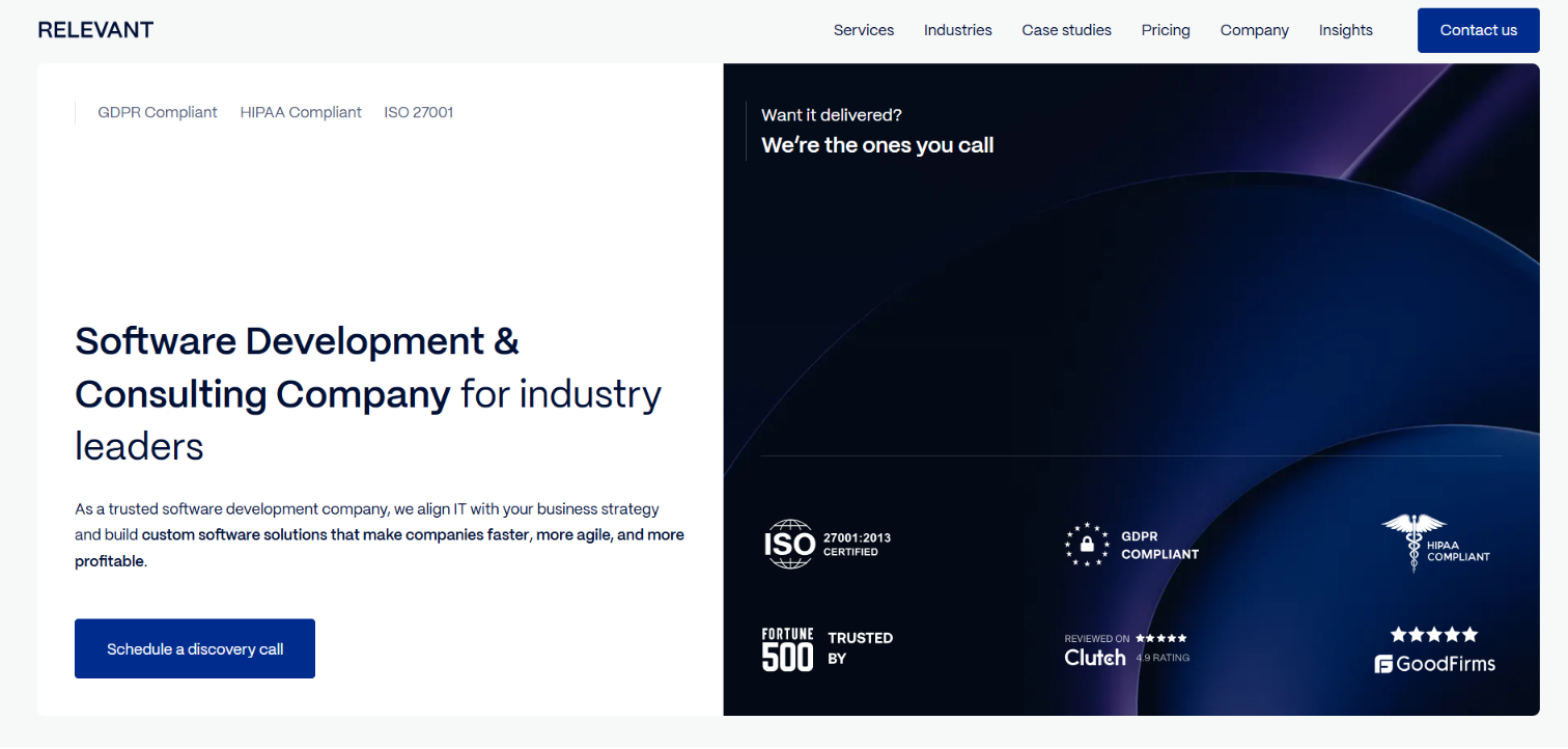 Relevant homepage hero for a software development and consulting company, with ISO 27001, GDPR and HIPAA compliance badges.