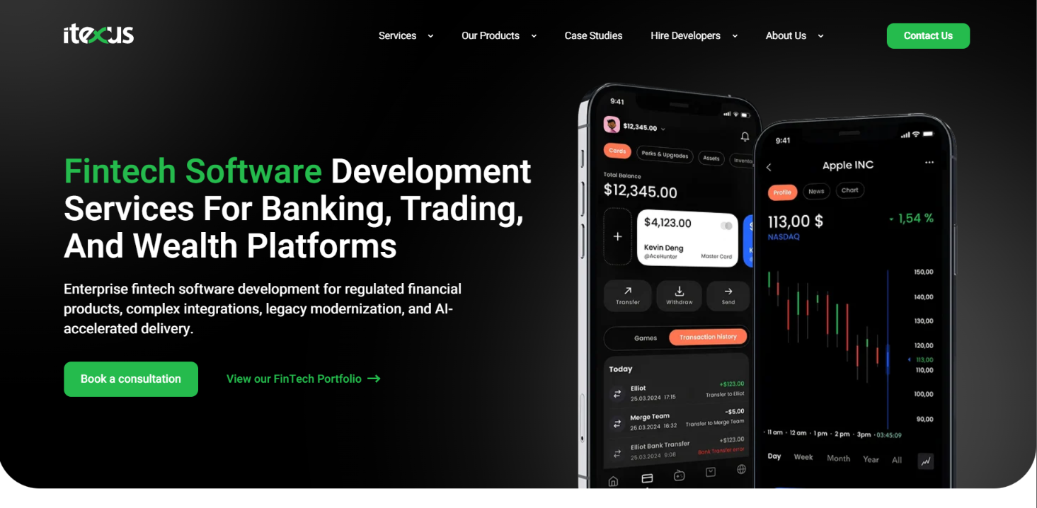 Itexus homepage hero offering fintech software development services for banking, trading and wealth platforms, shown with mobile banking app screens.