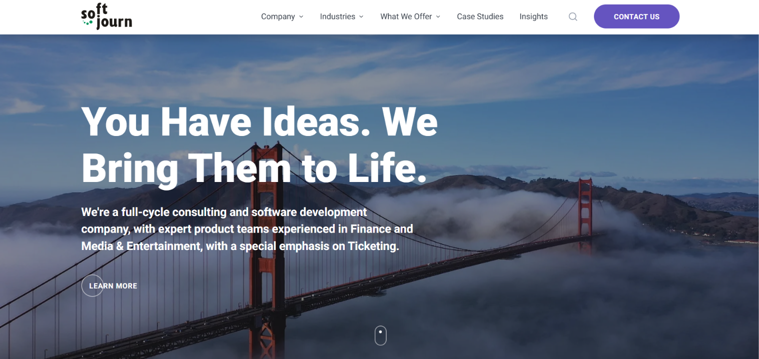 Softjourn homepage hero reading You Have Ideas. We Bring Them to Life., a full-cycle consulting and software firm for finance, media and ticketing.