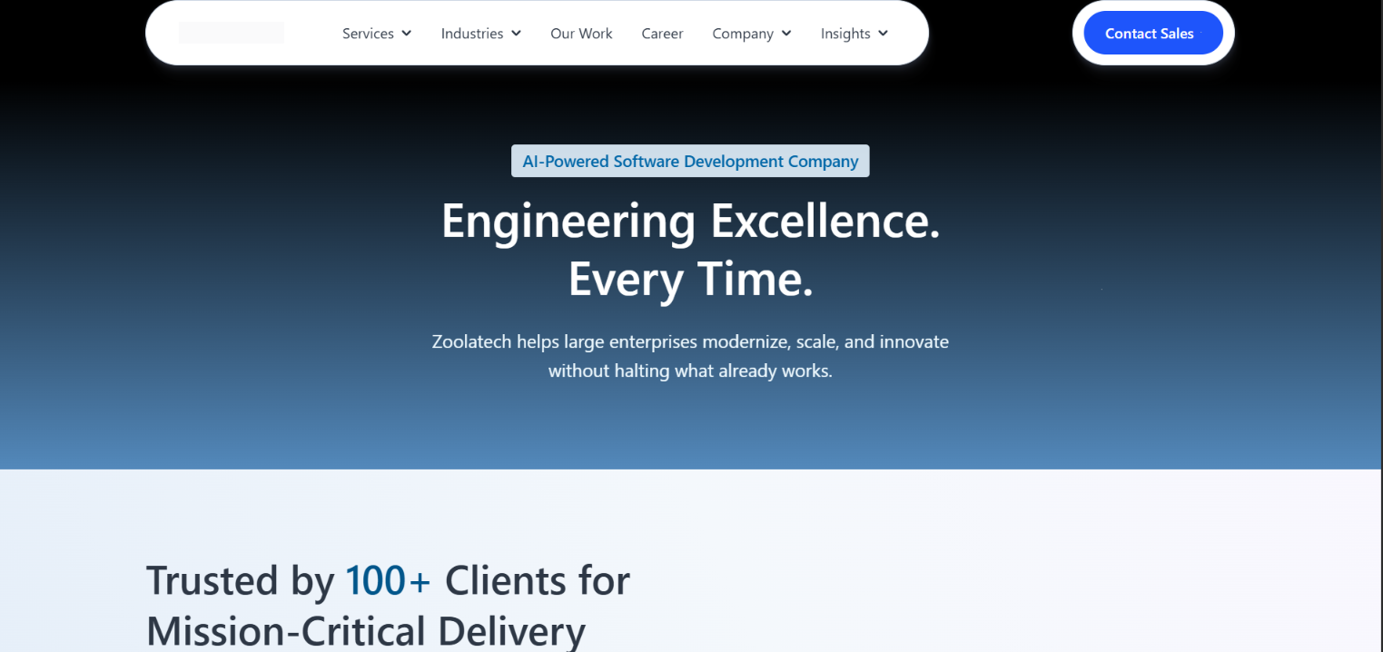 Zoolatech homepage hero: an AI-powered software development company helping large enterprises modernize, trusted by 100+ clients.
