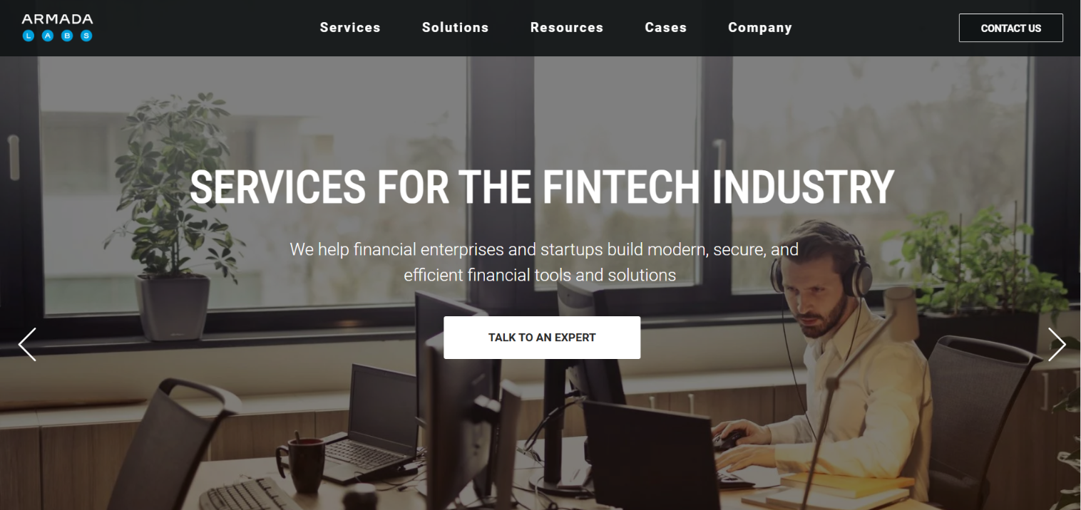 Armada Labs services page for the fintech industry, with an office photo and a Talk to an Expert call-to-action button.