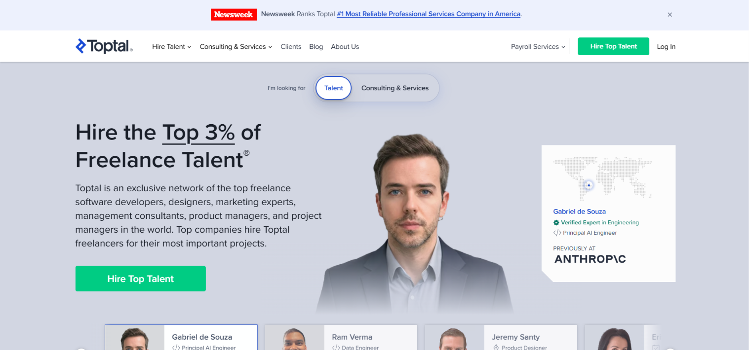 Screenshot of the Toptal website homepage: Hire the Top 3% of Freelance Talent, showing profiles of verified expert engineers and designers.
