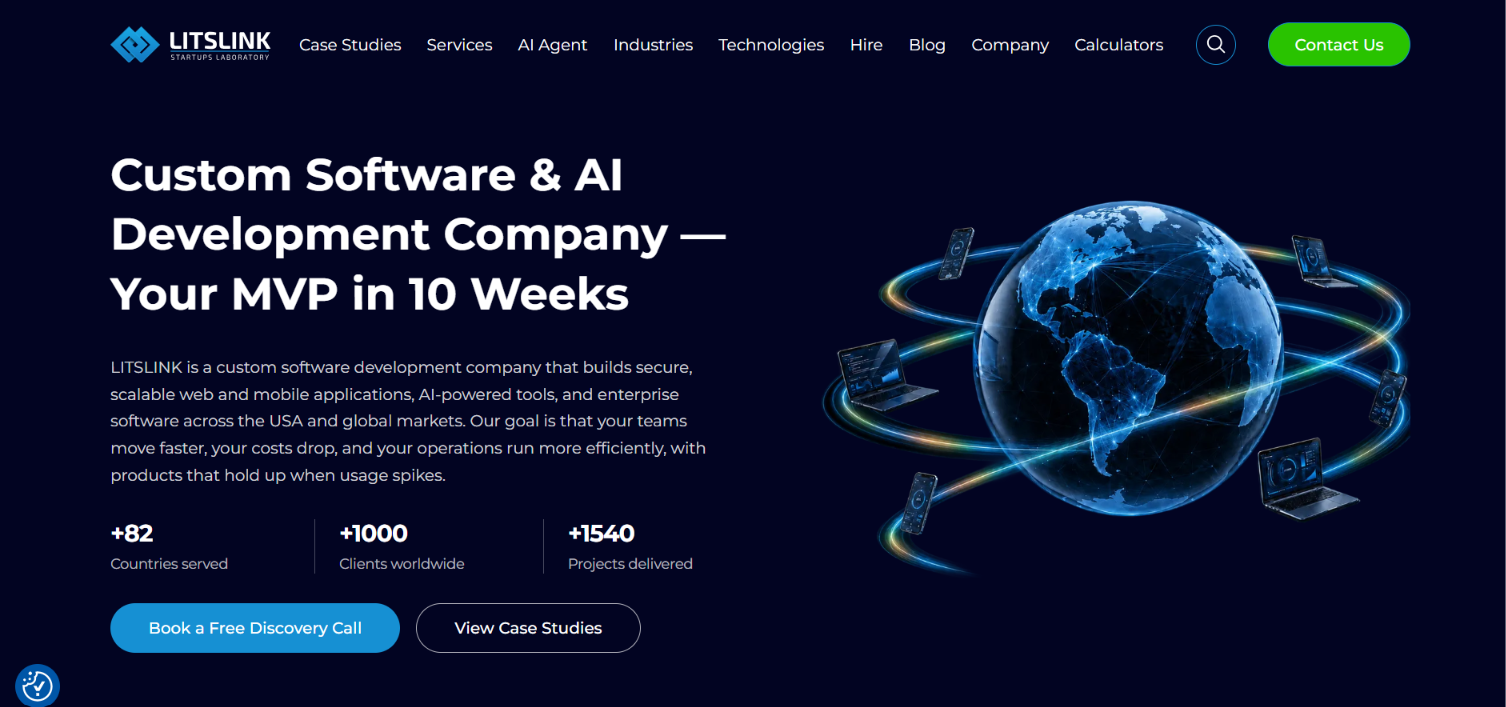 Screenshot of the LITSLINK website homepage: Custom Software & AI Development Company, Your MVP in 10 Weeks, with 82 countries and 1540 projects.