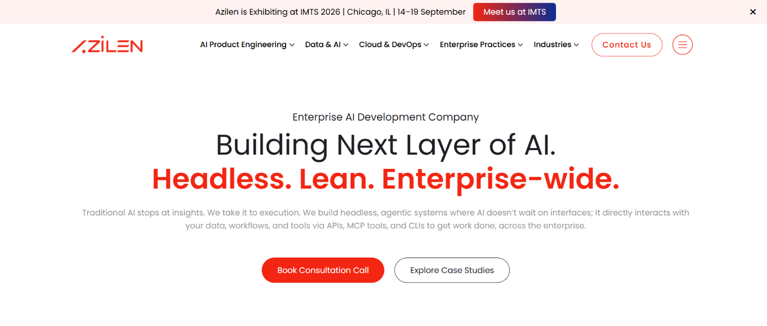 Screenshot of the Azilen website homepage: Enterprise AI Development Company, Building Next Layer of AI, Headless, Lean, Enterprise-wide.
