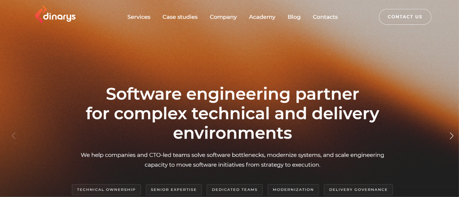 Screenshot of the Dinarys website homepage headline: Software engineering partner for complex technical and delivery environments.