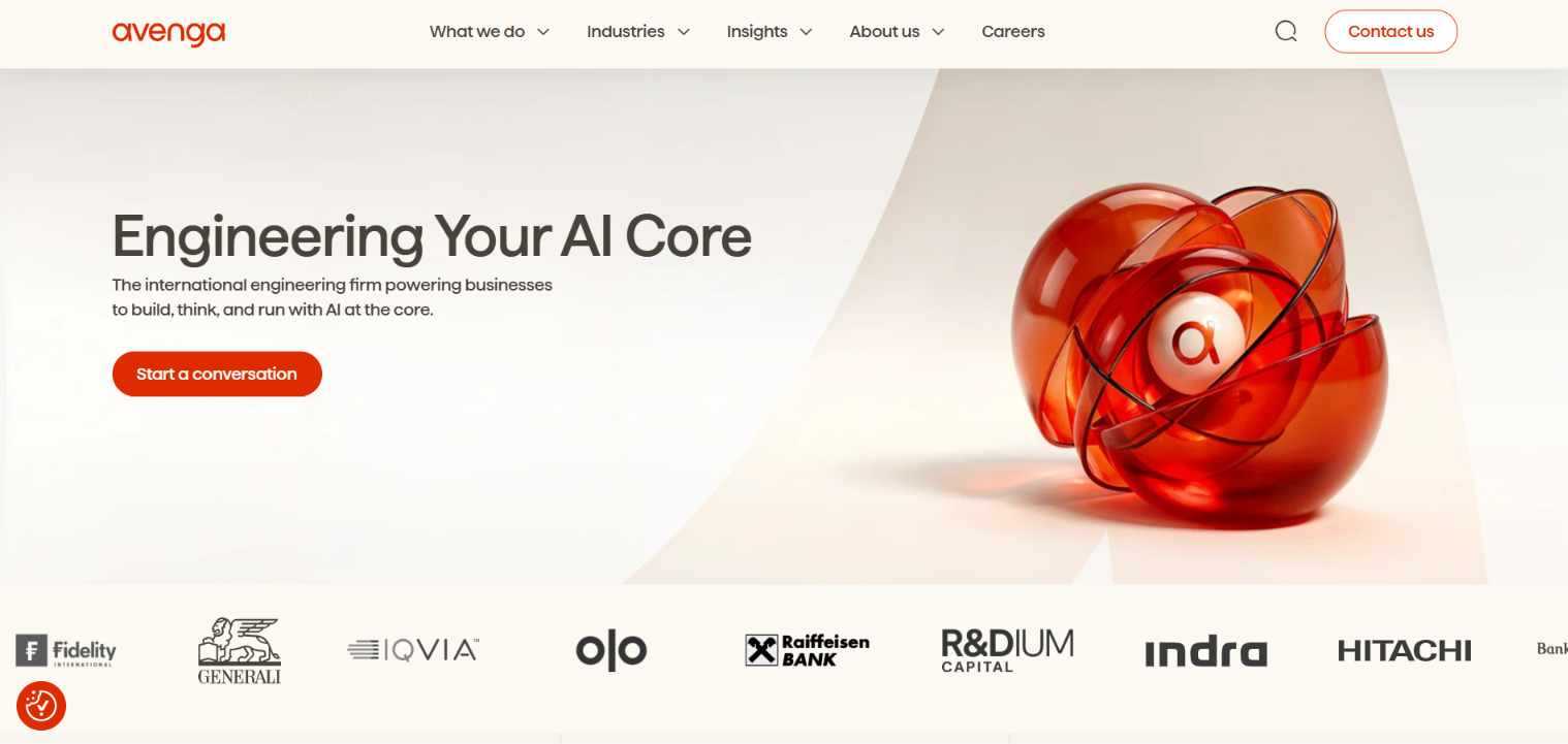 Screenshot of the Avenga website homepage: Engineering Your AI Core, with client logos including Fidelity, Generali, IQVIA, Raiffeisen and Hitachi.