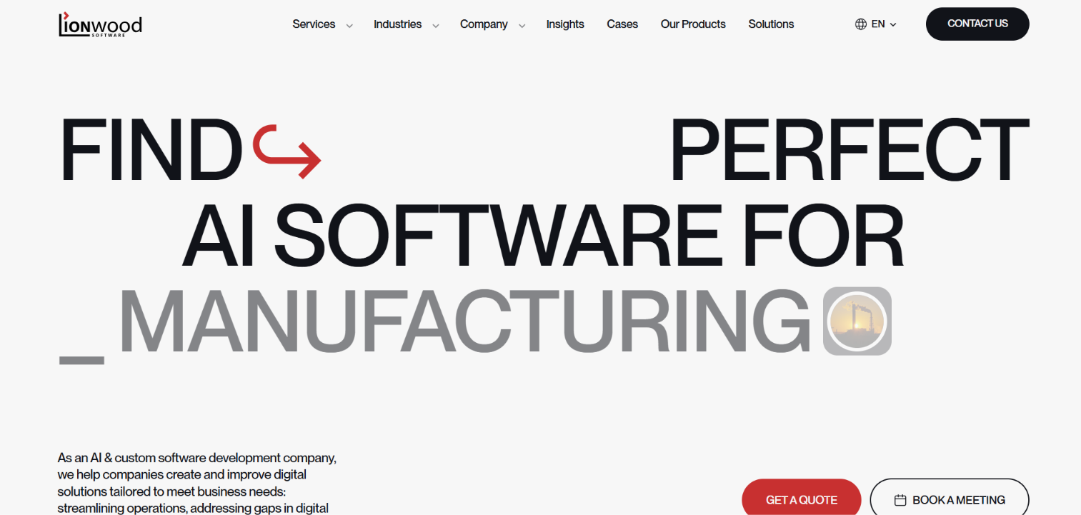 Screenshot of the Lionwood Software website homepage: Find perfect AI software for manufacturing, with Get a Quote and Book a Meeting buttons.