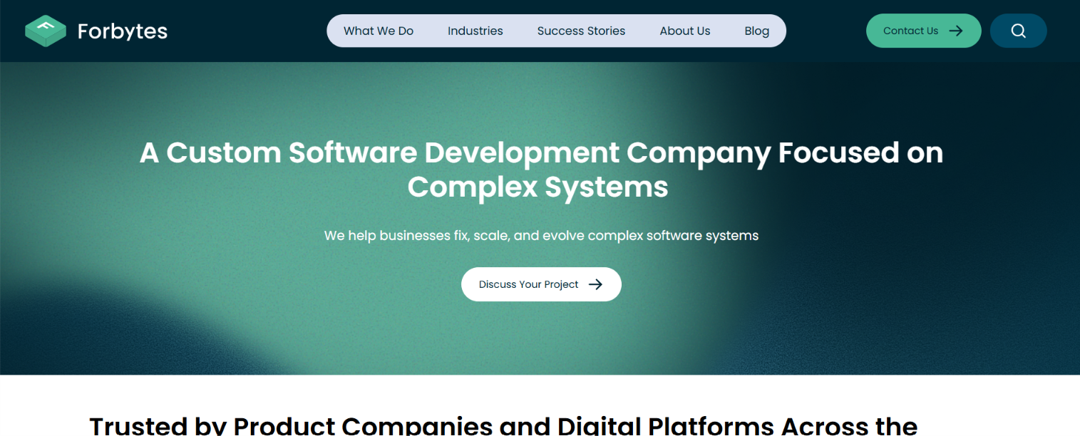 Screenshot of the Forbytes website homepage: A Custom Software Development Company Focused on Complex Systems, with a Discuss Your Project button.