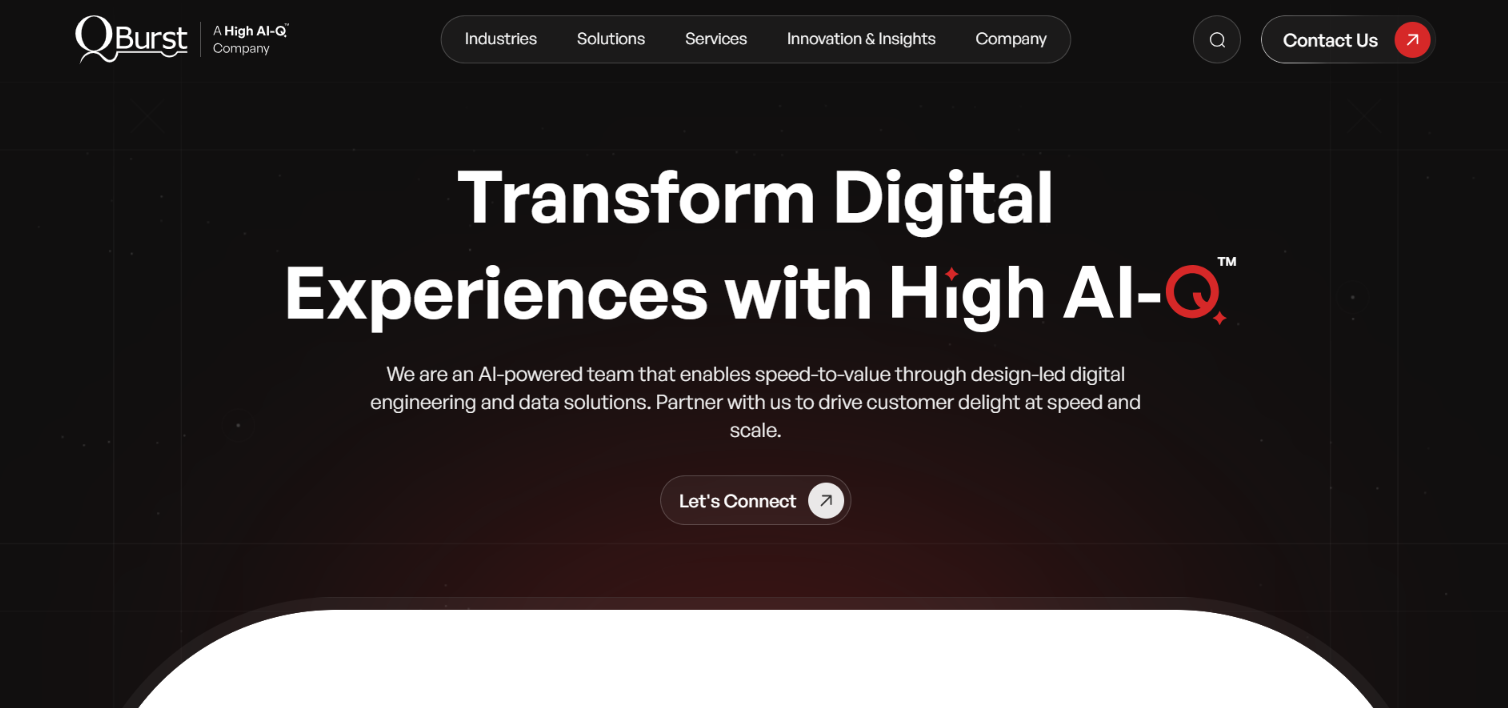 Screenshot of the QBurst website homepage: Transform Digital Experiences with High AI-Q, a design-led digital engineering and data solutions team.