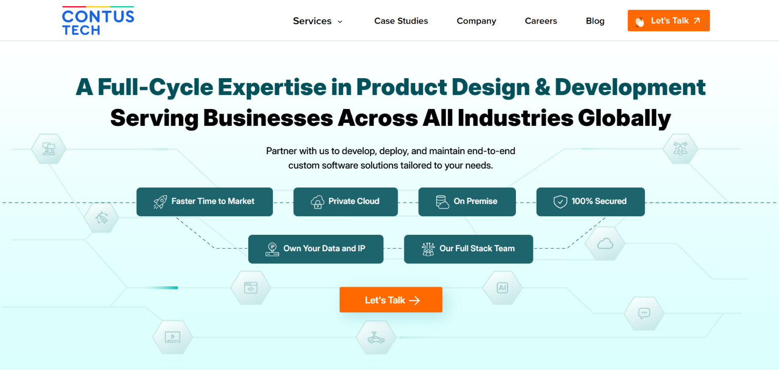 CONTUS Tech homepage offering full-cycle product design and development, with badges for time to market, private cloud, on premise and security