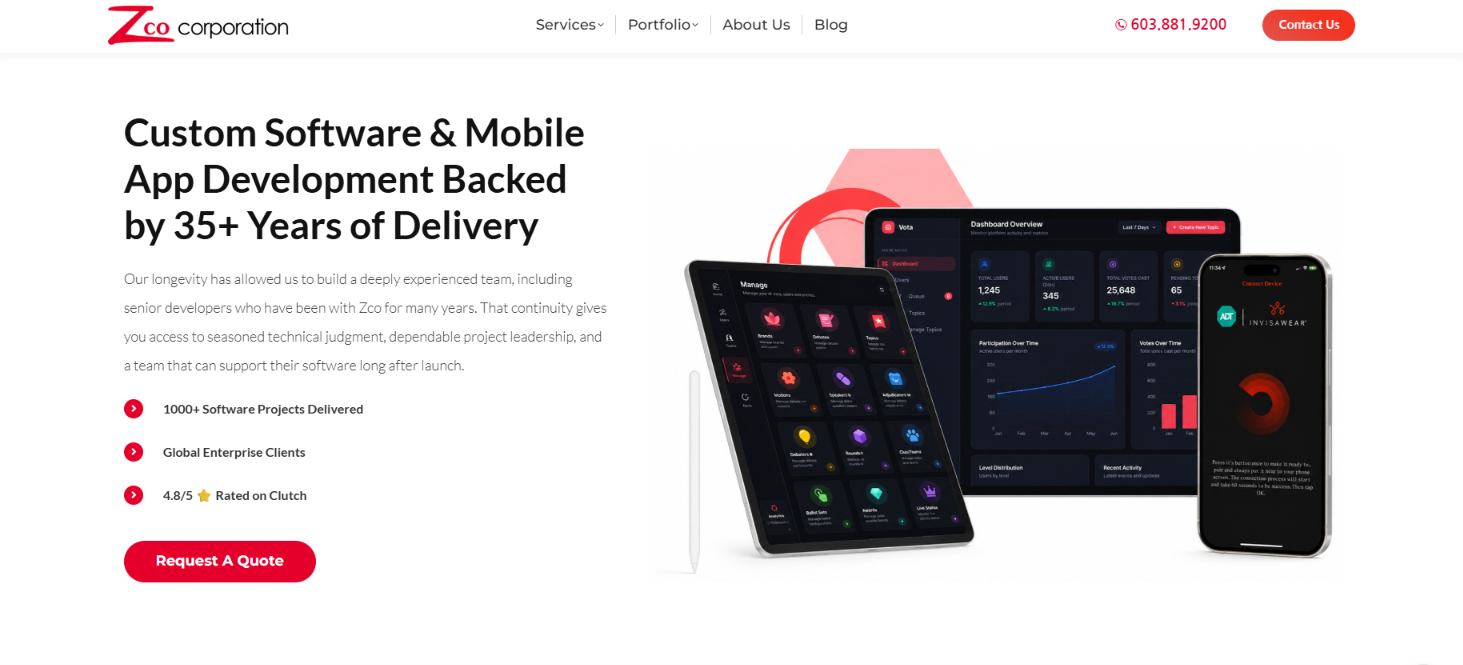 Zco Corporation homepage: custom software and mobile app development backed by 35+ years, 1000+ projects and a 4.8/5 Clutch rating, with app screens