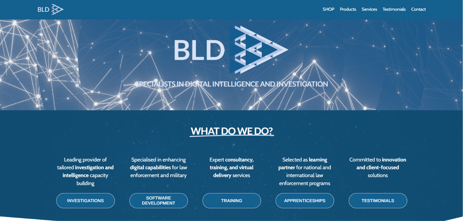 BLD homepage, a digital intelligence and investigation specialist offering investigations, software development, training and apprenticeships