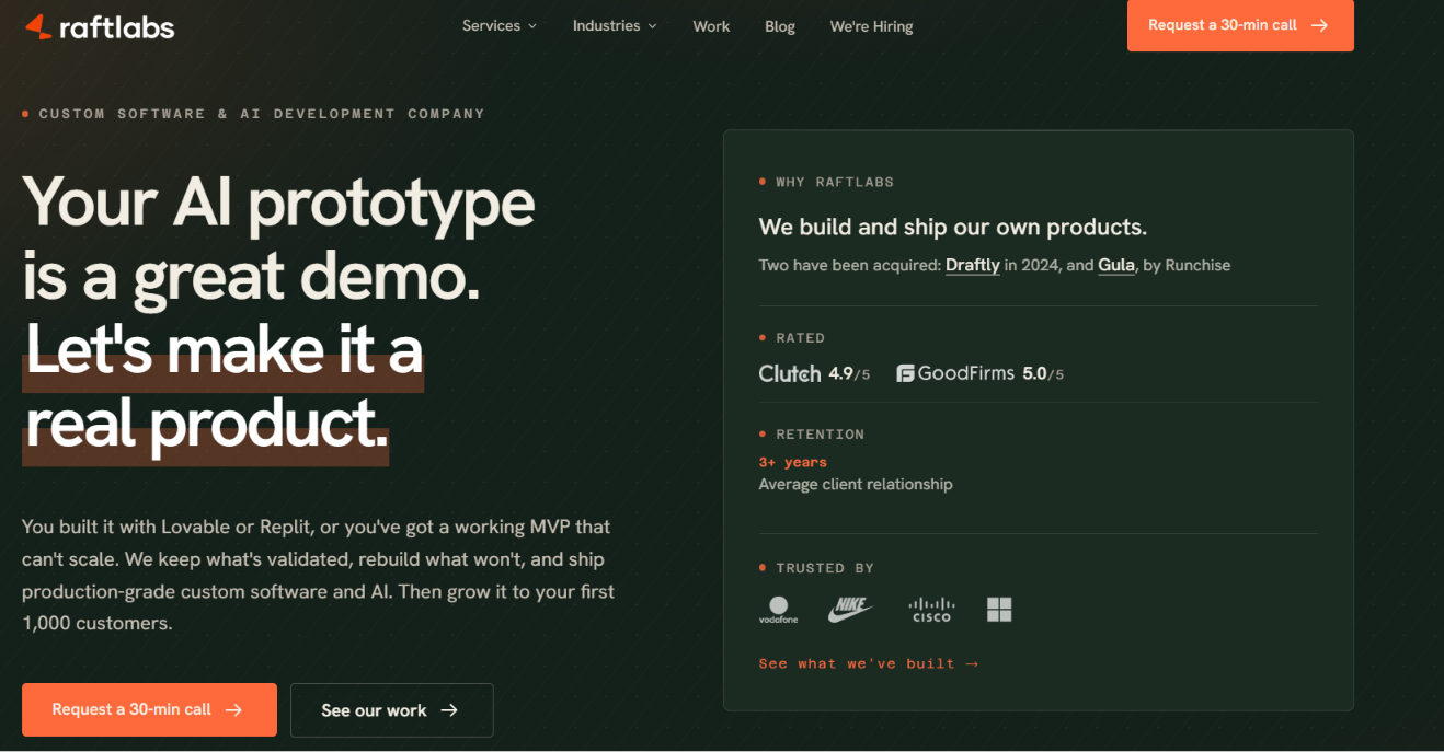 RaftLabs homepage with the headline Your AI prototype is a great demo, let's make it a real product, and Clutch 4.9/5 and GoodFirms 5.0/5 ratings