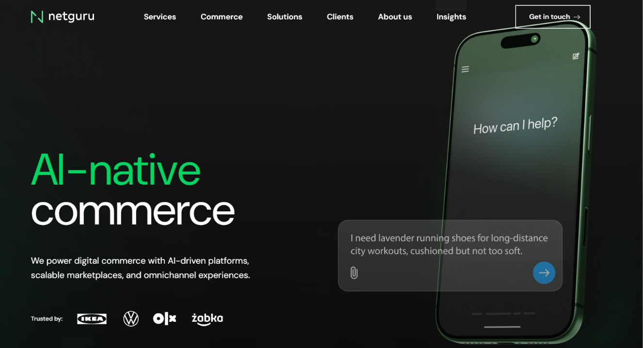 Netguru homepage promoting AI-native commerce, with a phone mockup of an AI shopping assistant and IKEA, Volkswagen, OLX and Zabka client logos