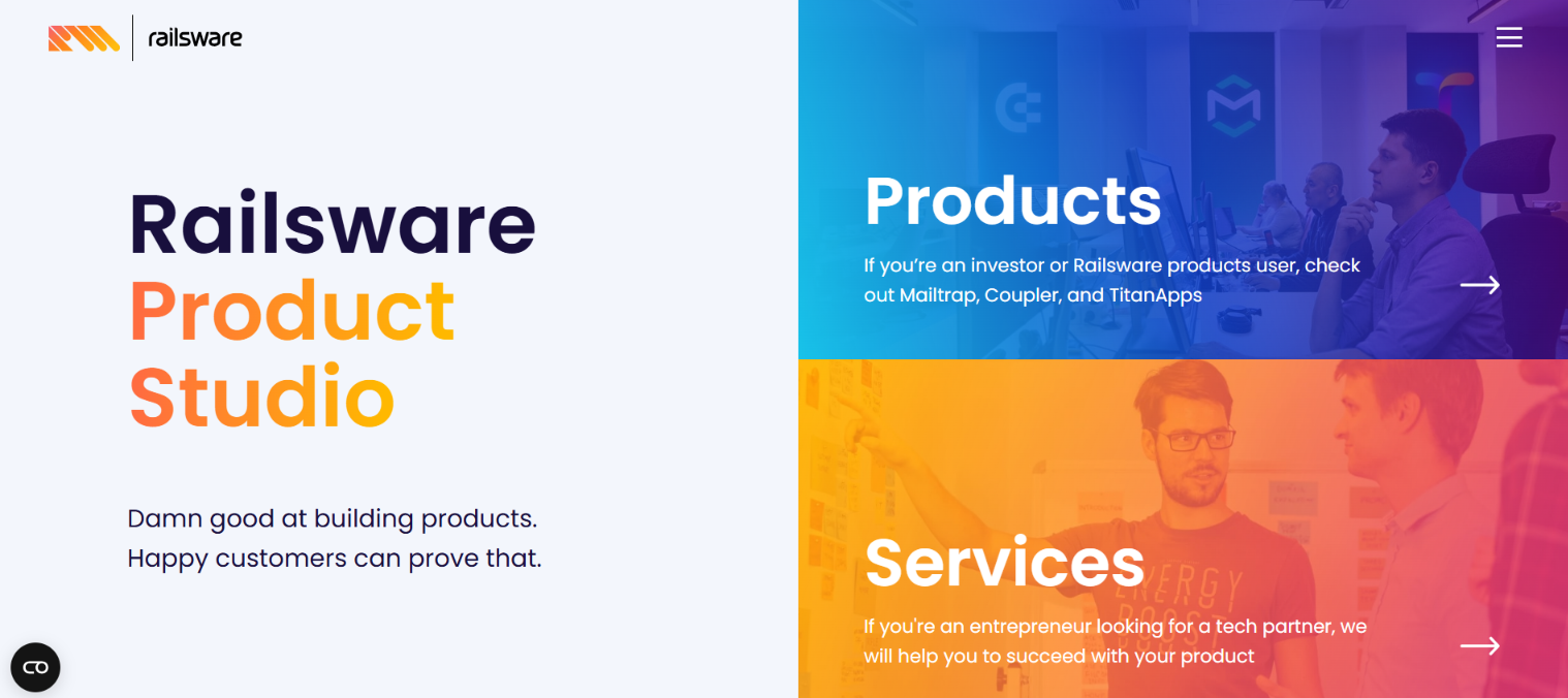 Railsware homepage titled Railsware Product Studio, with panels linking to its products Mailtrap, Coupler and TitanApps and to its services