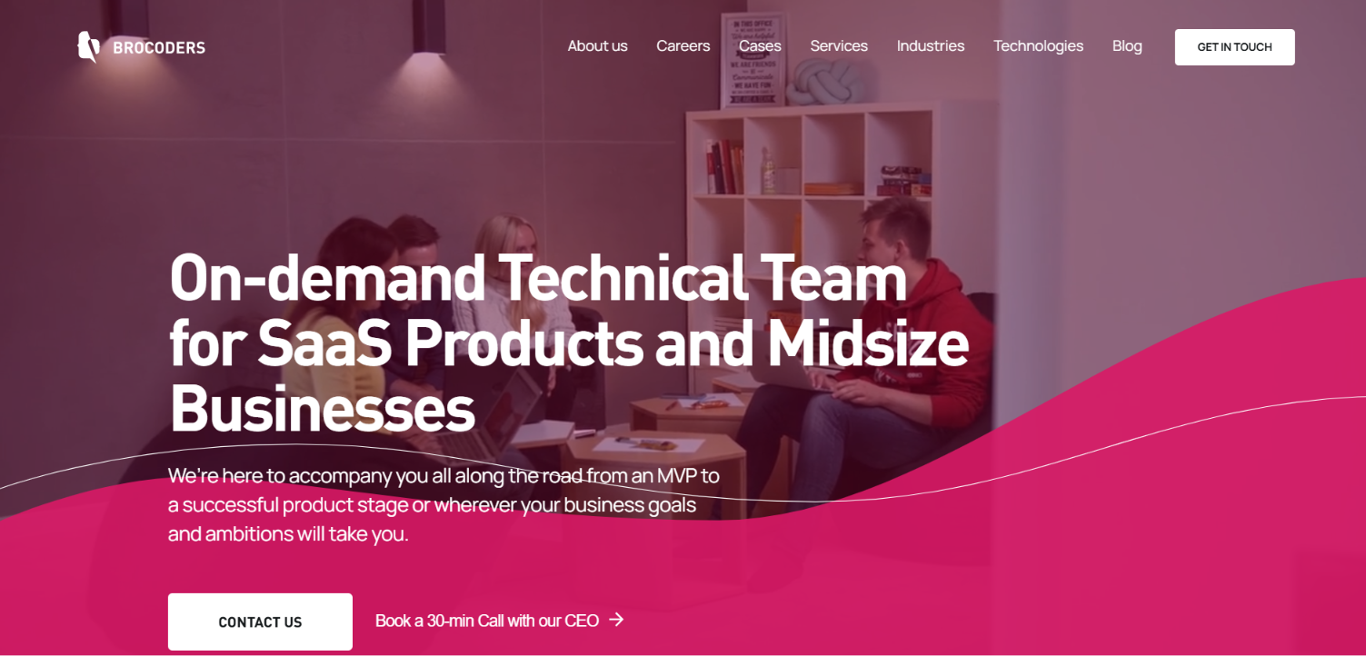Brocoders homepage offering an on-demand technical team for SaaS products and midsize businesses, over a photo of the team meeting in an office