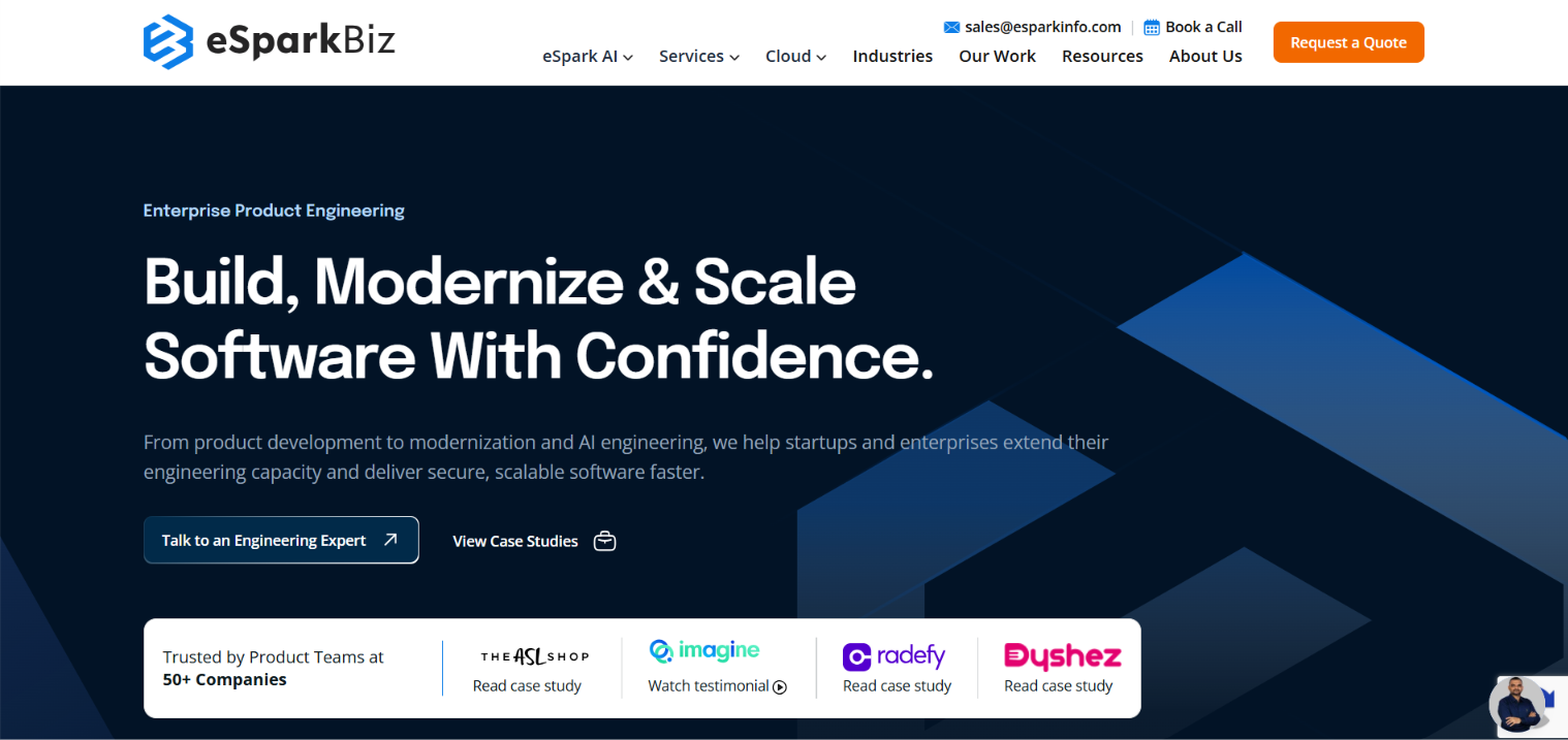 eSparkBiz homepage headline Build, Modernize & Scale Software With Confidence, with enterprise product engineering and 50+ trusted companies