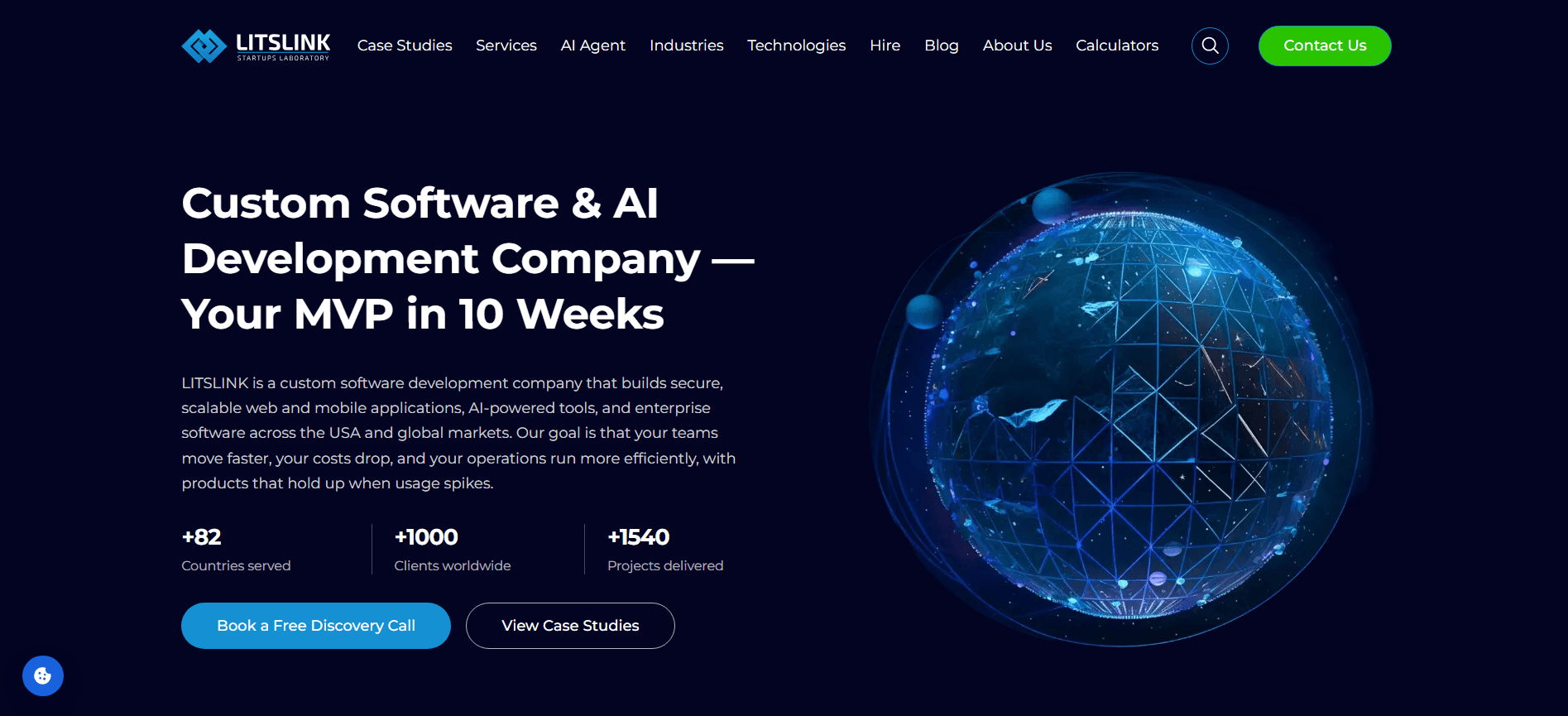 LITSLINK homepage: custom software and AI development company offering an MVP in 10 weeks, with 82 countries served and 1,540 projects delivered.