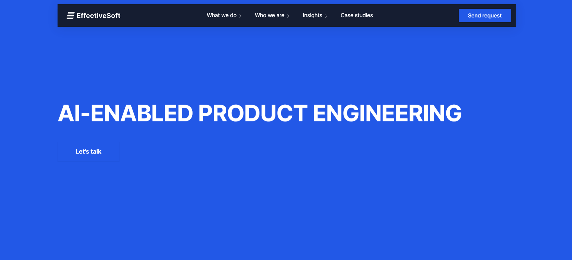 EffectiveSoft homepage with the headline AI-Enabled Product Engineering on a bright blue background.