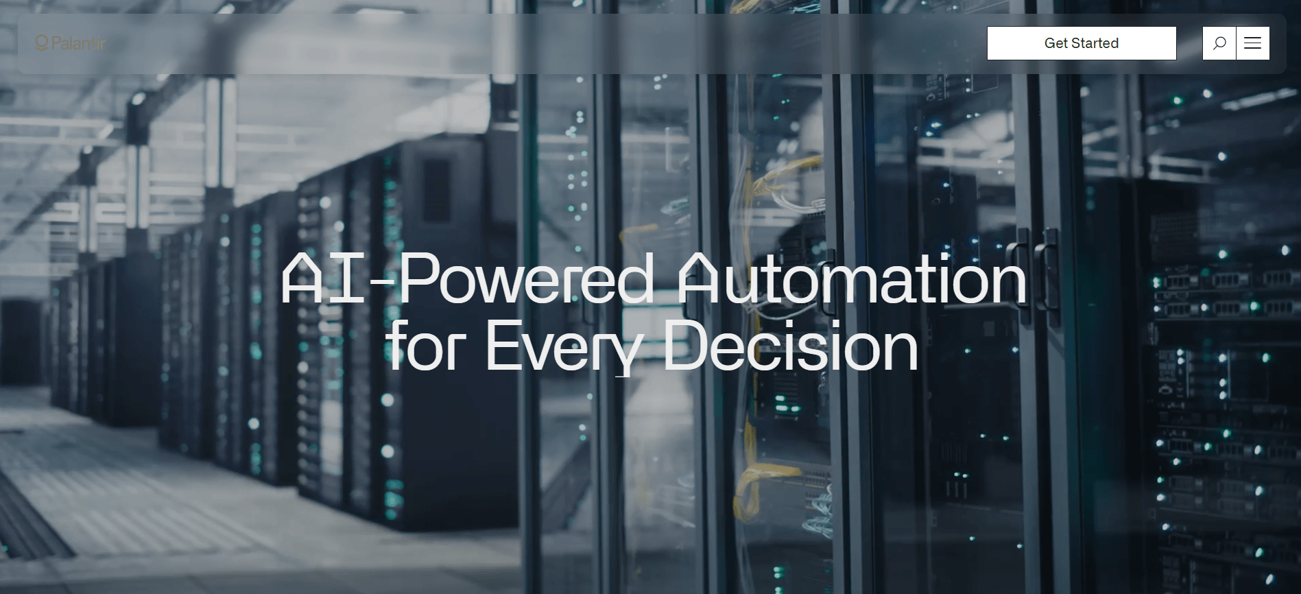Palantir homepage with the headline AI-Powered Automation for Every Decision over a photo of a data center server hall.