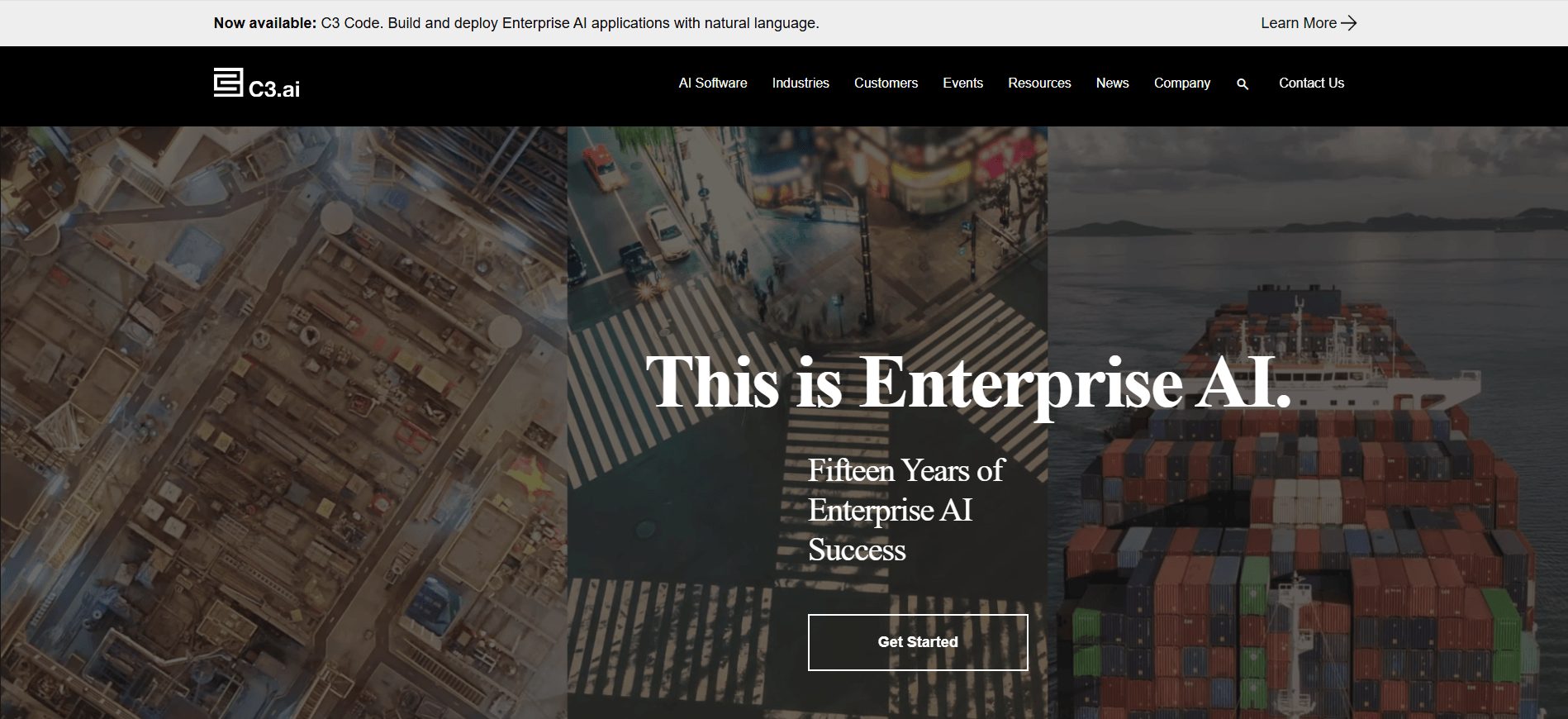 C3.ai homepage with the headline This is Enterprise AI and a claim of fifteen years of enterprise AI success.