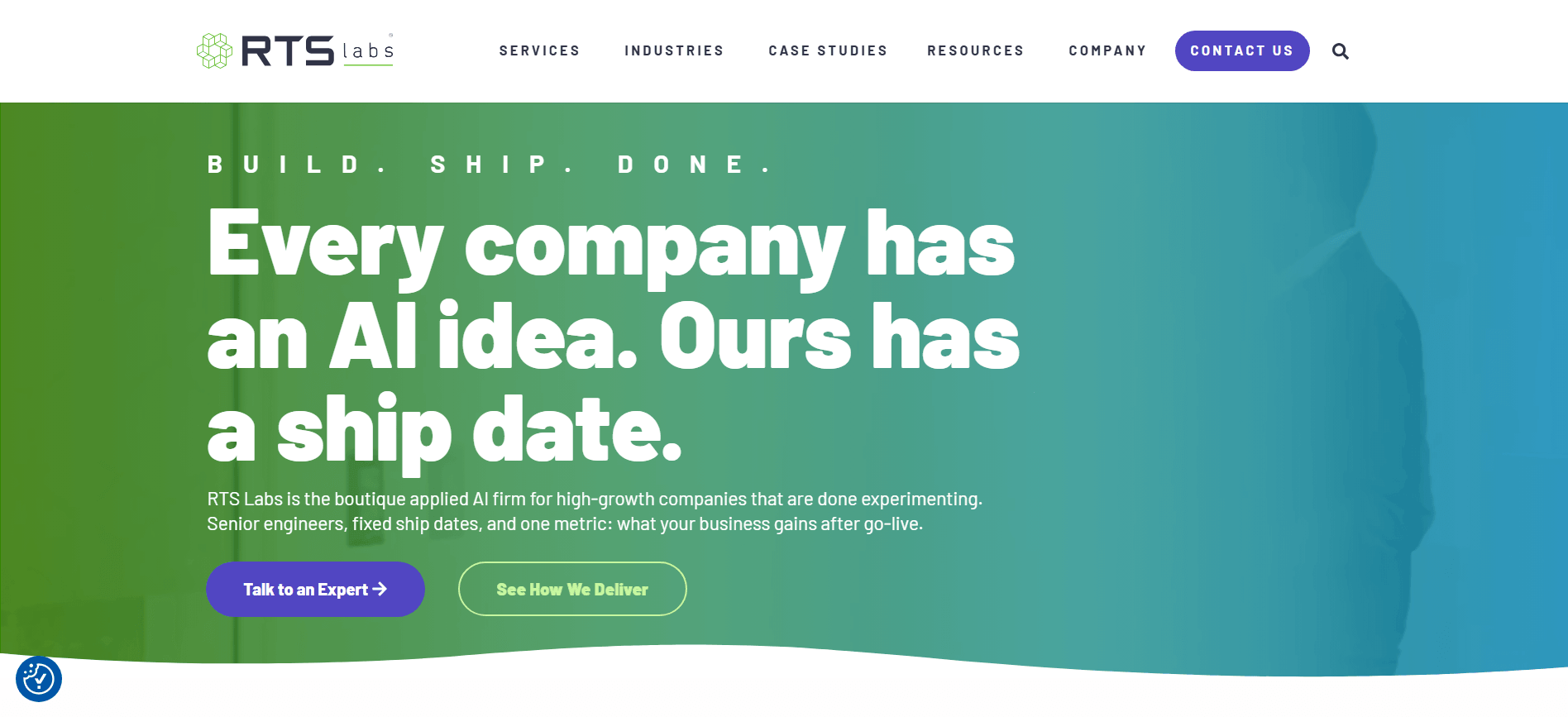 RTS Labs homepage with the headline Every company has an AI idea, ours has a ship date, describing a boutique applied AI firm.