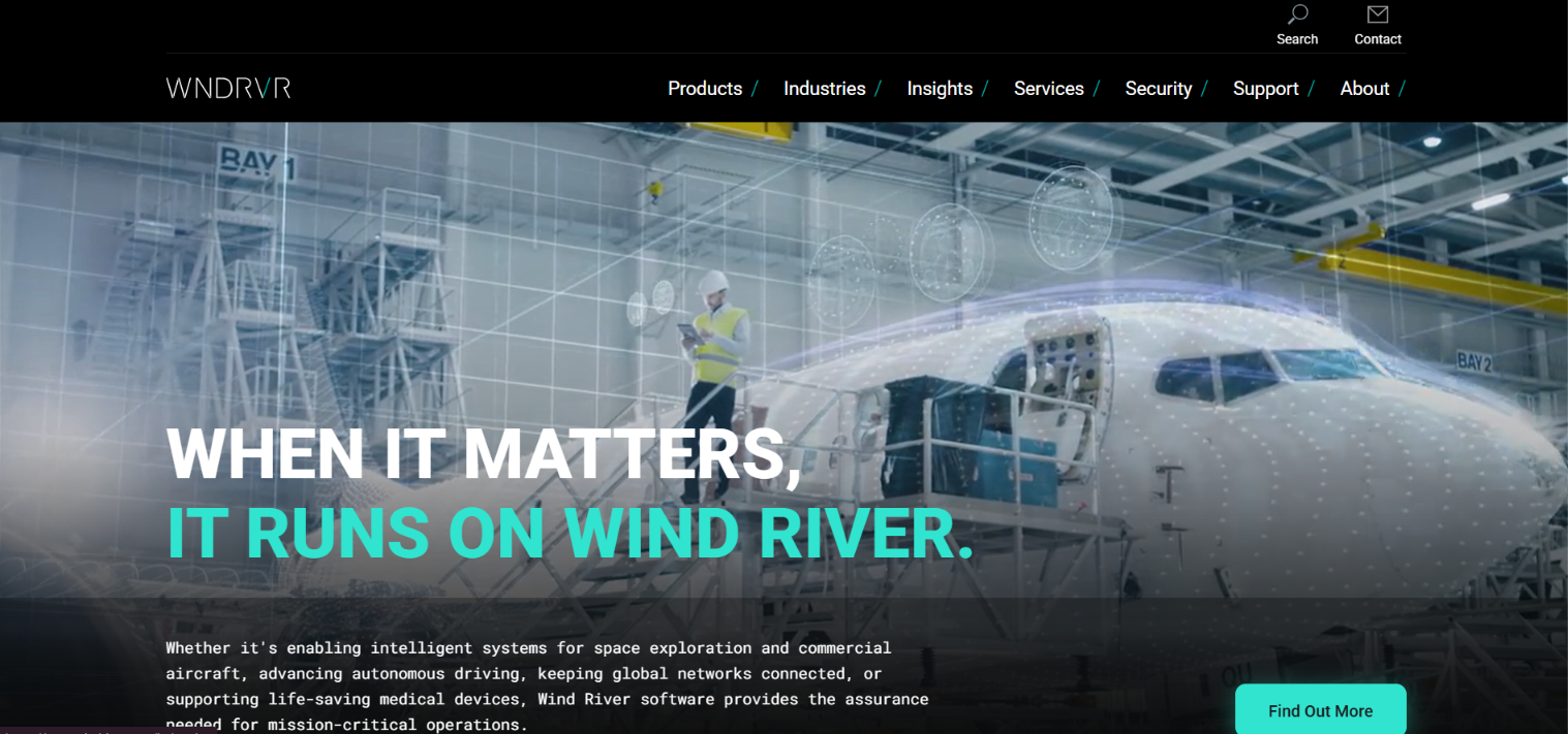 Screenshot of the Wind River (WNDRVR) homepage with the slogan When it matters, it runs on Wind River.