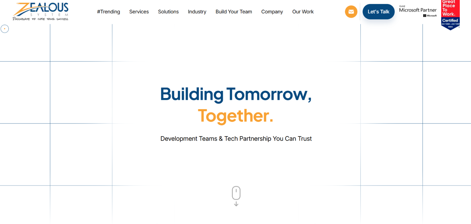 Screenshot of the Zealous System homepage with the headline Building Tomorrow, Together.