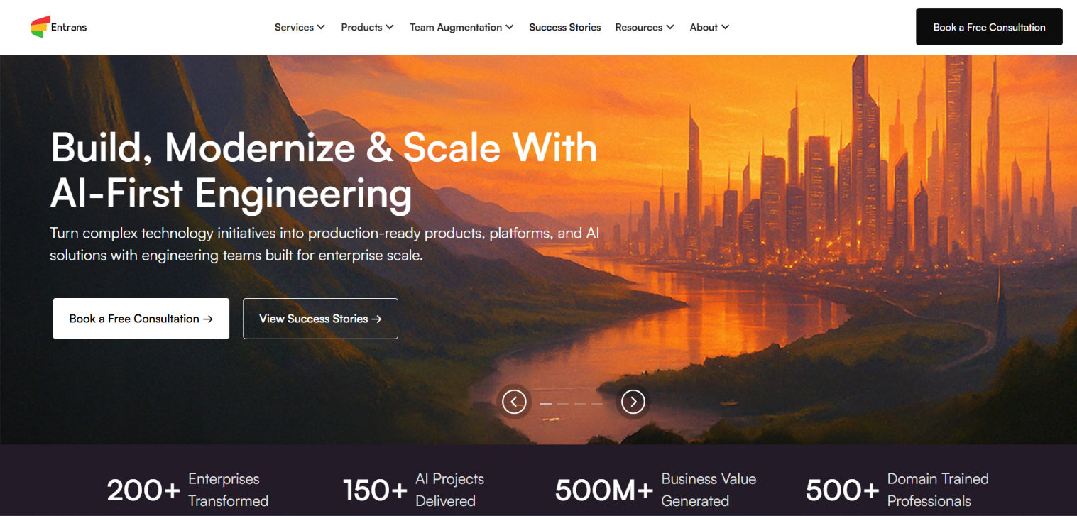 Screenshot of the Entrans homepage — Build, Modernize and Scale with AI-First Engineering.