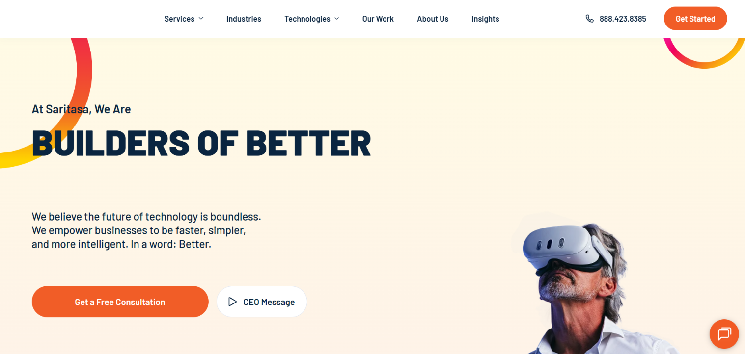 Screenshot of the Saritasa homepage with the headline Builders of Better and a person wearing a VR headset.