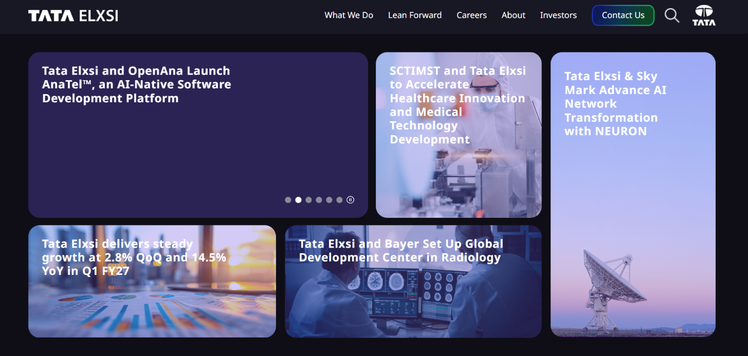 Screenshot of the Tata Elxsi homepage showing news tiles on AI-native software, healthcare innovation, and network transformation.