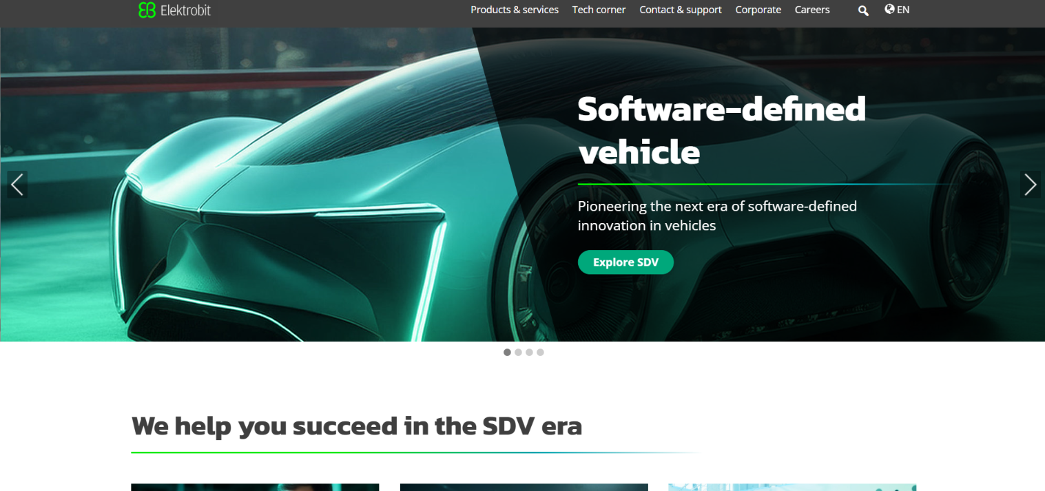 Screenshot of the Elektrobit homepage featuring a software-defined vehicle banner.